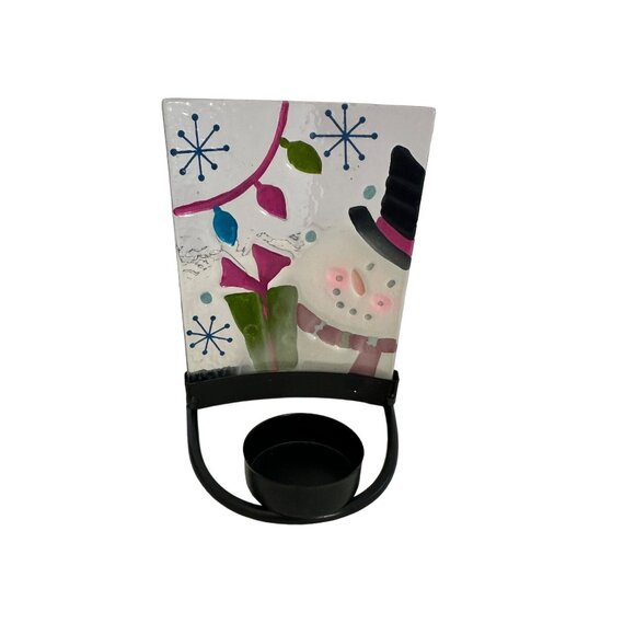 Holiday Tealight Candle Holder Christmas Snowman Glass Metal Decorations - Picture 3 of 8